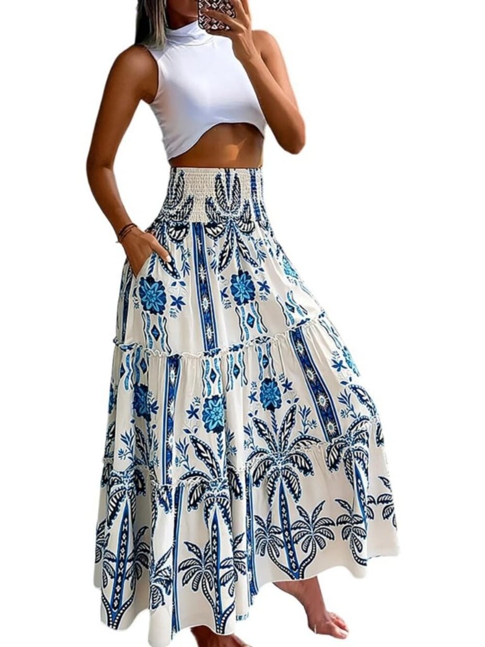 Boho Floral Maxi Skirt with Pockets | Lightweight A-Line Ruffle Hem for Summer